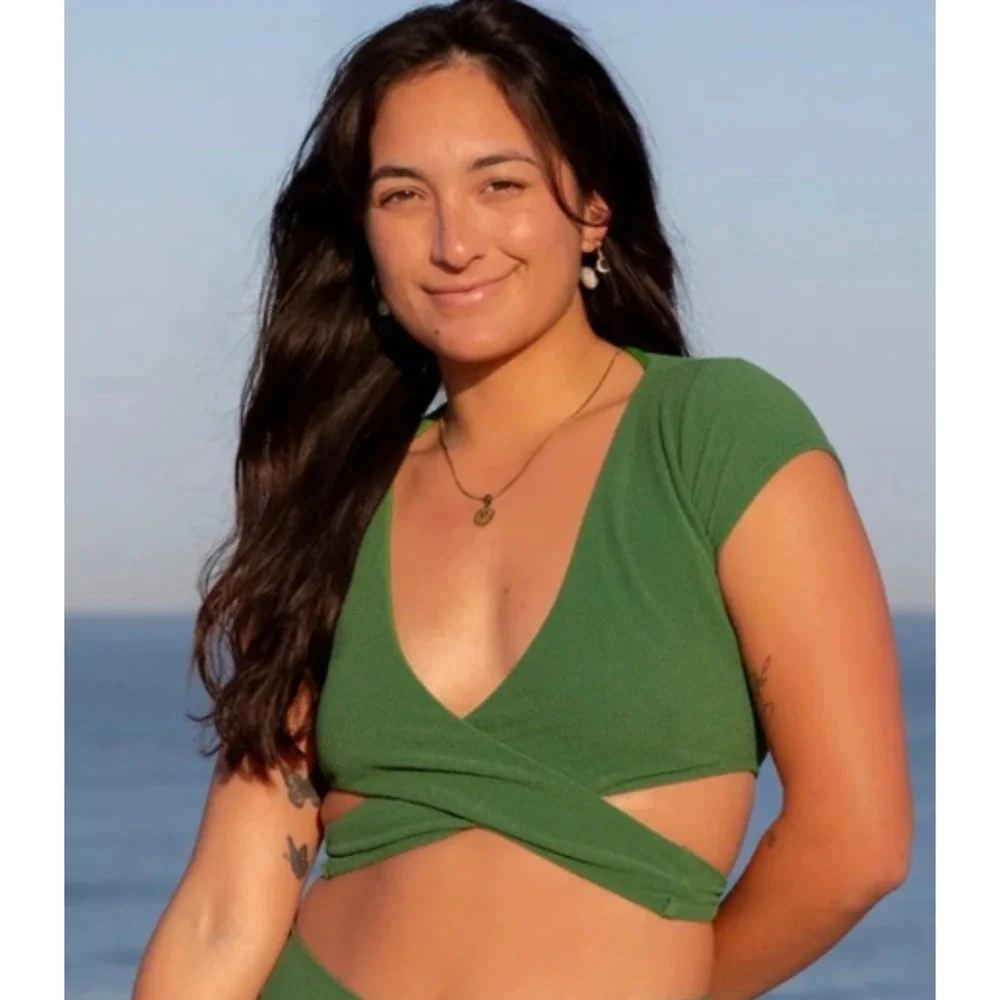 NEW SEEA FREE PEOPLE PALMA JANINE TEXTURED TERRY WRAP CROP TOP SURF BIKINI TOP L